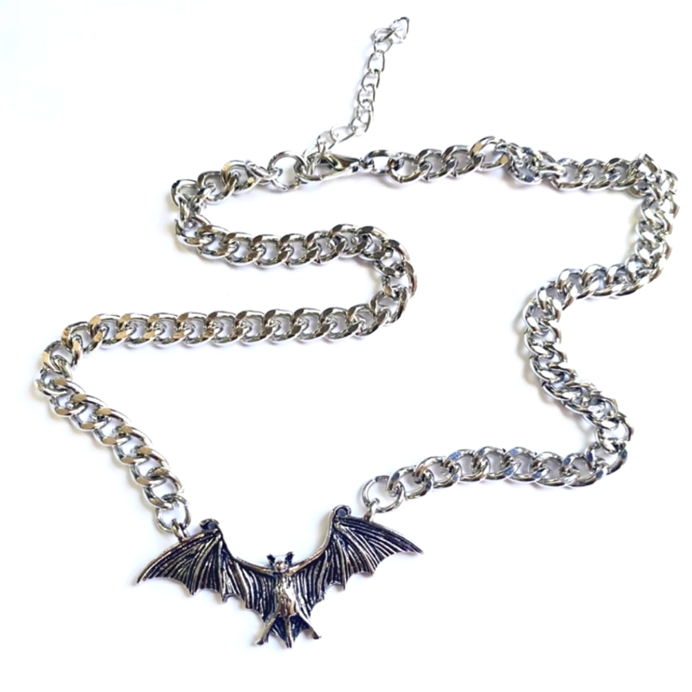 Silver Bat Chunky Chain Choker Necklace